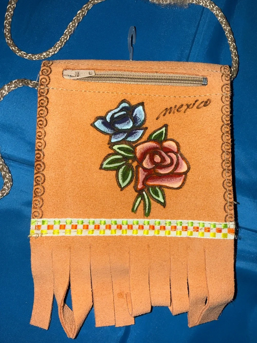 Handcrafted Orange Suede Fringe Crossbody Bag with Floral Design Made in Mexico